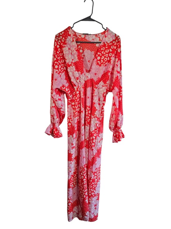 ASOS Design Red Pink Floral Patchwork Maxi Dress 4 Deep V Romantic Statement - Picture 2 of 7
